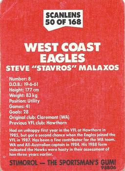 1989 Scanlens VFL #50 Steve Malaxos Back
